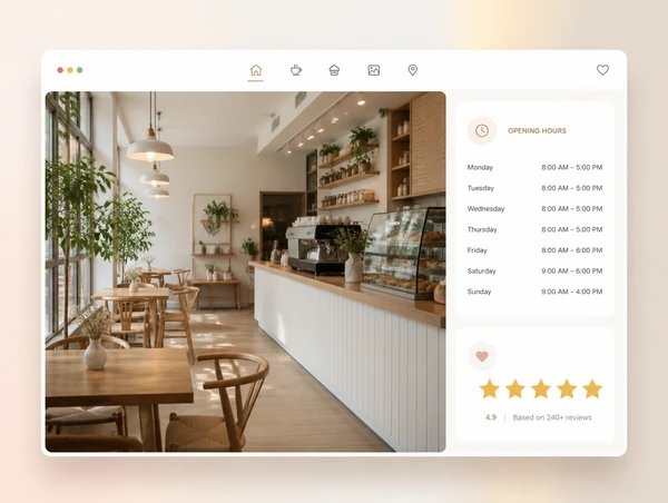 A Kuching cafe homepage showing its own interior photograph, opening hours and reviews