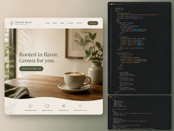 A cafe website hero beside the code and styles that build it