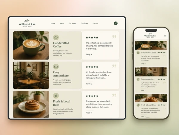 A cafe service page with customer reviews shown beside the service they describe