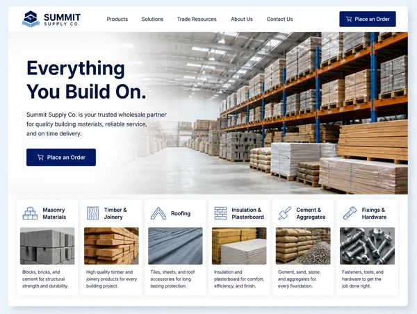 A building materials wholesaler homepage with a warehouse photograph, the ranges named and an order button