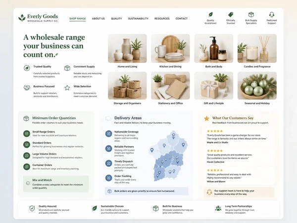 A wholesaler range page showing minimum order quantities and delivery areas beside customer reviews