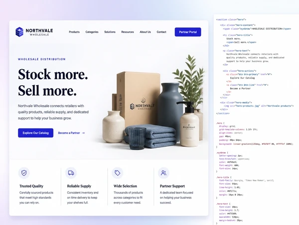 A wholesaler website hero beside the code and styles that build it