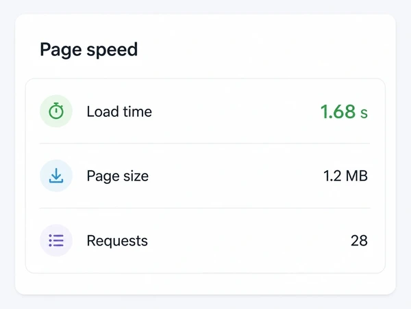 A page speed result showing a load time under two seconds