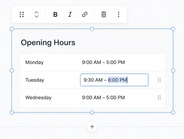 A website editor with an opening hours block being changed