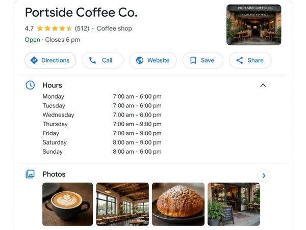 A business profile with complete opening hours and photographs