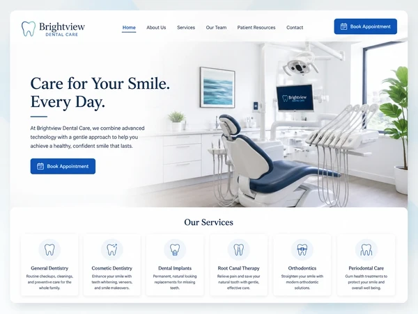 A new dental clinic homepage with a photograph of its treatment room, the services named and a booking button