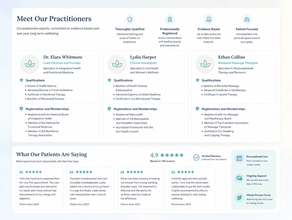 A clinic team page showing practitioner qualifications and registrations beside early patient reviews