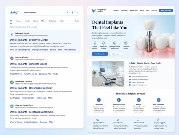 Search results with a township dental clinic ranked first for the exact treatment it offers