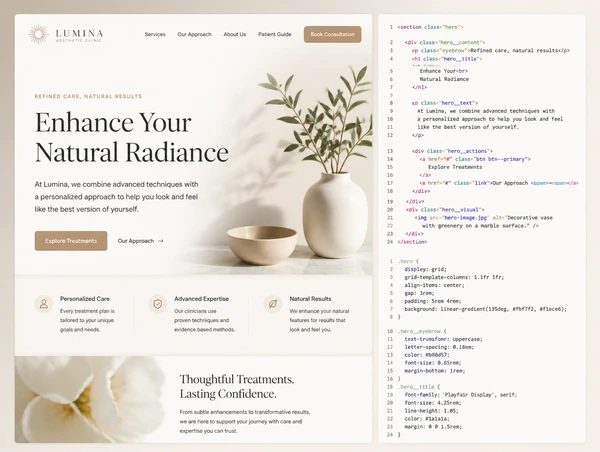 A tuition centre website hero beside the code and styles that build it
