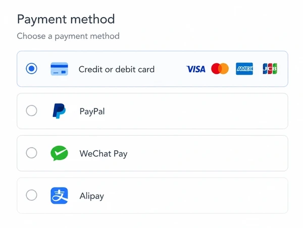 A checkout offering several payment methods for overseas customers