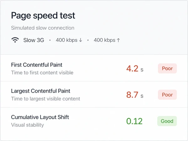 A page speed test run on a deliberately throttled connection