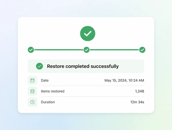 A restore confirmation screen with a completed progress bar and a few detail rows