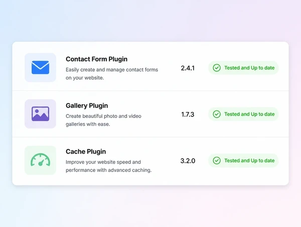 A plugin update panel with a few rows, each marked tested and up to date