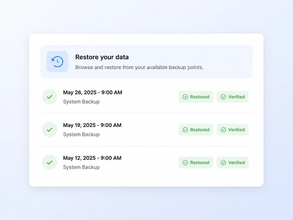 A backup restore panel showing a few daily restore points marked restored and verified