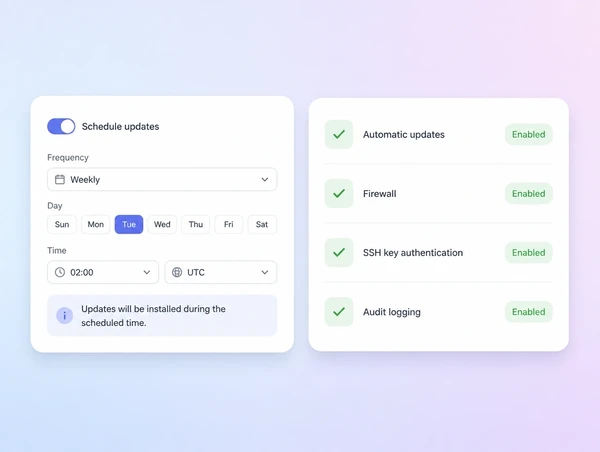 A scheduled update window beside a security hardening checklist