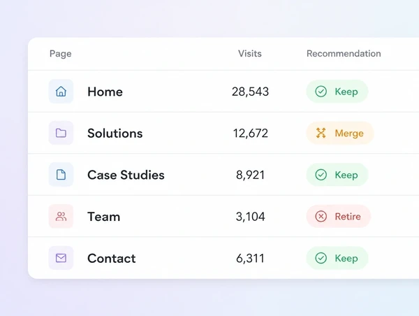 A list of website pages with monthly visits beside a keep, merge or retire column