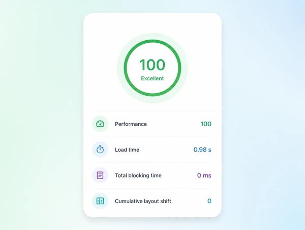 A page speed report showing the rebuilt site loading in about one second on mobile