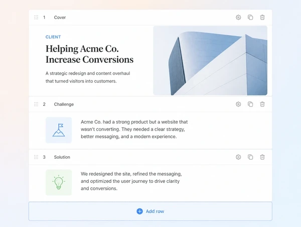 A case study page being added inside a content editor