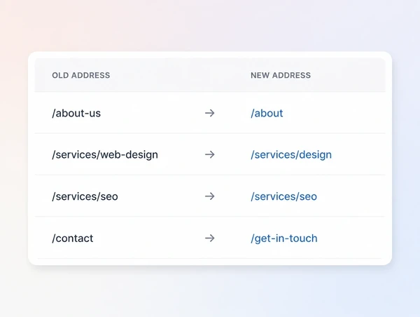 A redirect map pairing old page addresses with their new addresses