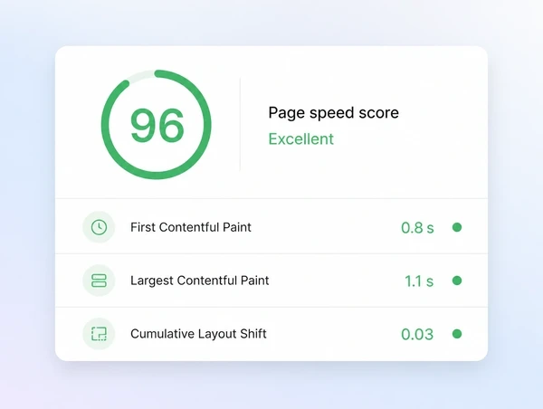 A page speed report scoring in the nineties after a rebuild