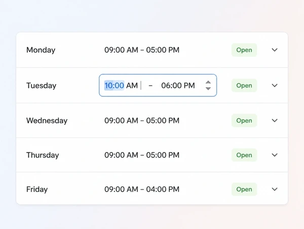 A website page list where opening hours are being changed inline