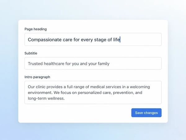 A simple content editor with a page heading being rewritten and a save button