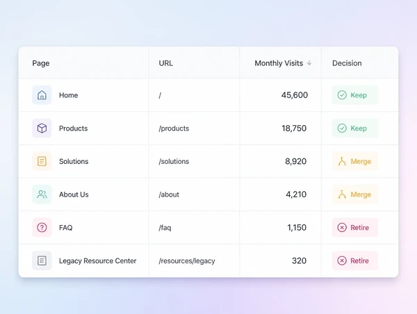 A page list sorted by traffic with keep, merge and retire marked against each row