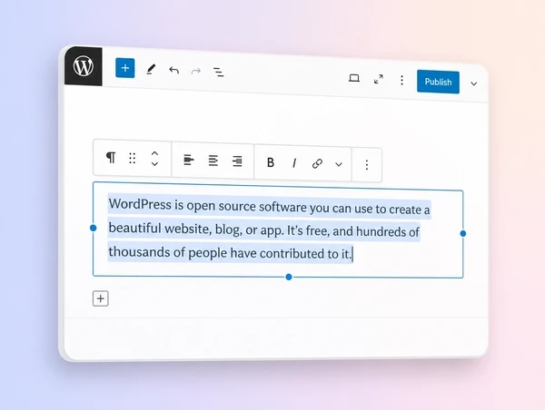 A WordPress page editor with a paragraph being changed and a publish button ready
