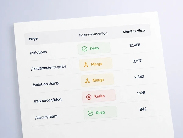 A page inventory sorted into keep, merge and retire with traffic figures beside each row