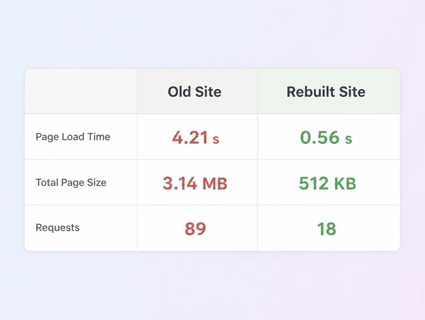 A page speed report comparing load time before and after a rebuild