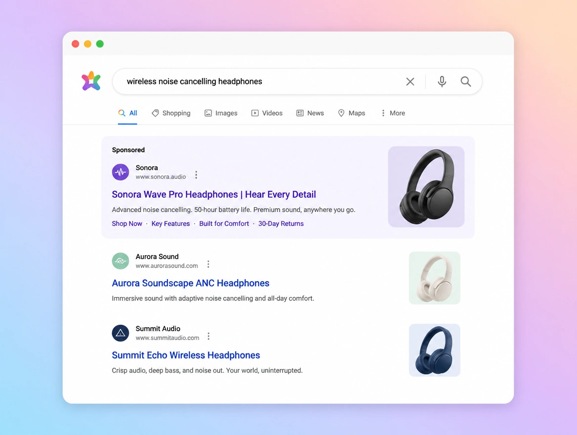 Website mockup showing search advertising