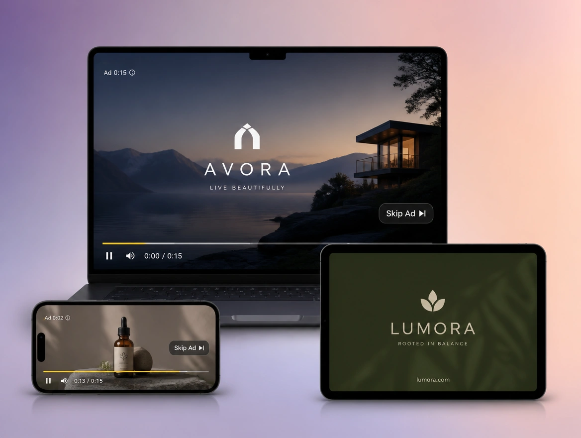 Website mockup showing video advertising