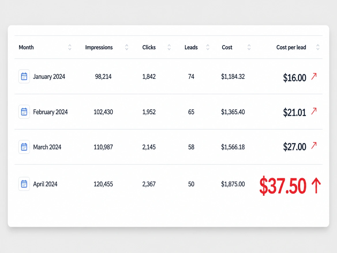 An advertising account where cost per lead climbs every month