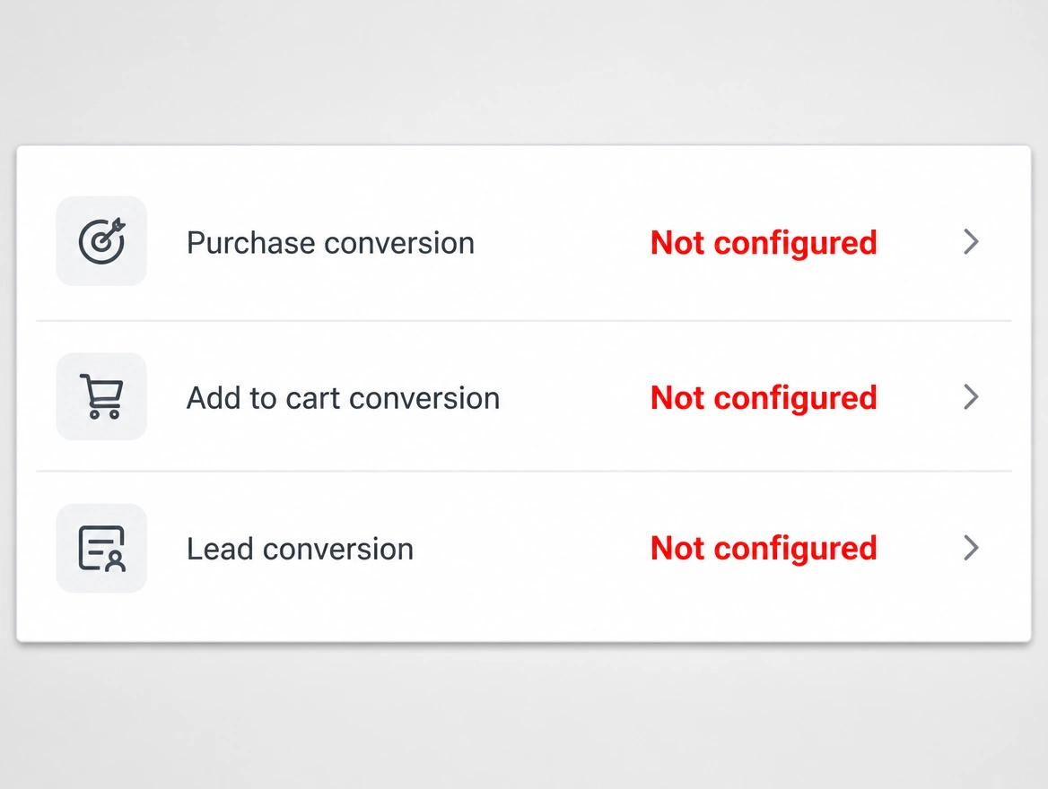 A conversion tracking panel with every row reading not configured