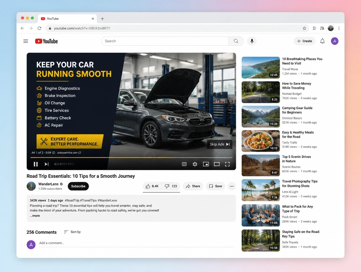 Website mockup showing video advertising