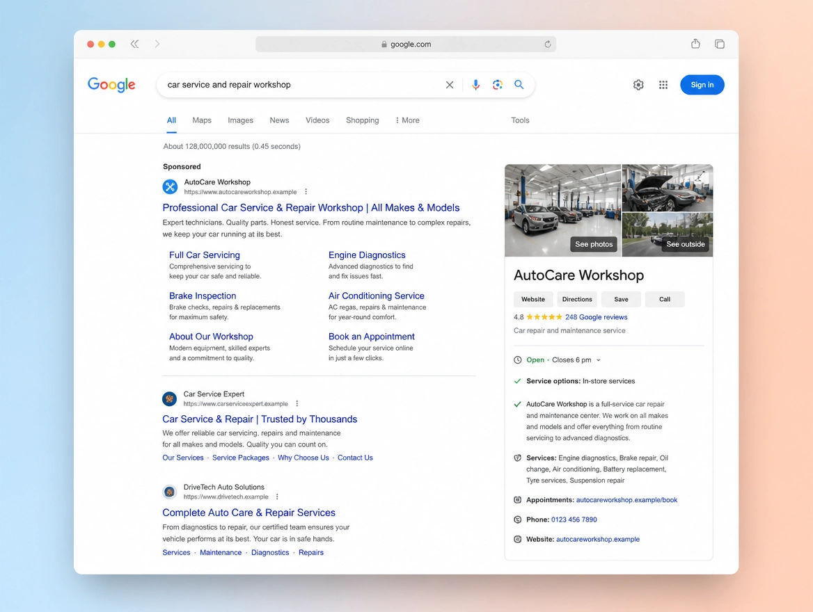 Website mockup showing search advertising