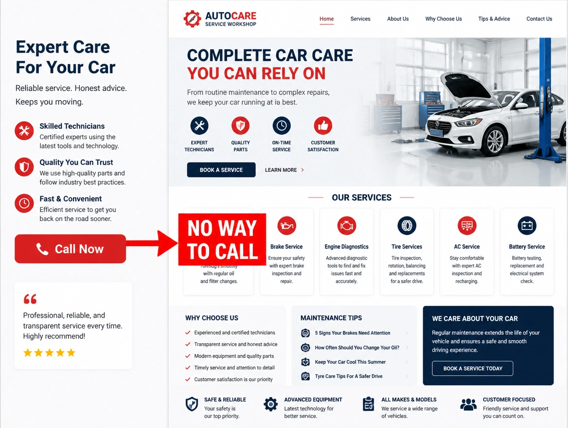 An advertisement beside a homepage with no phone number, the gap marked in red