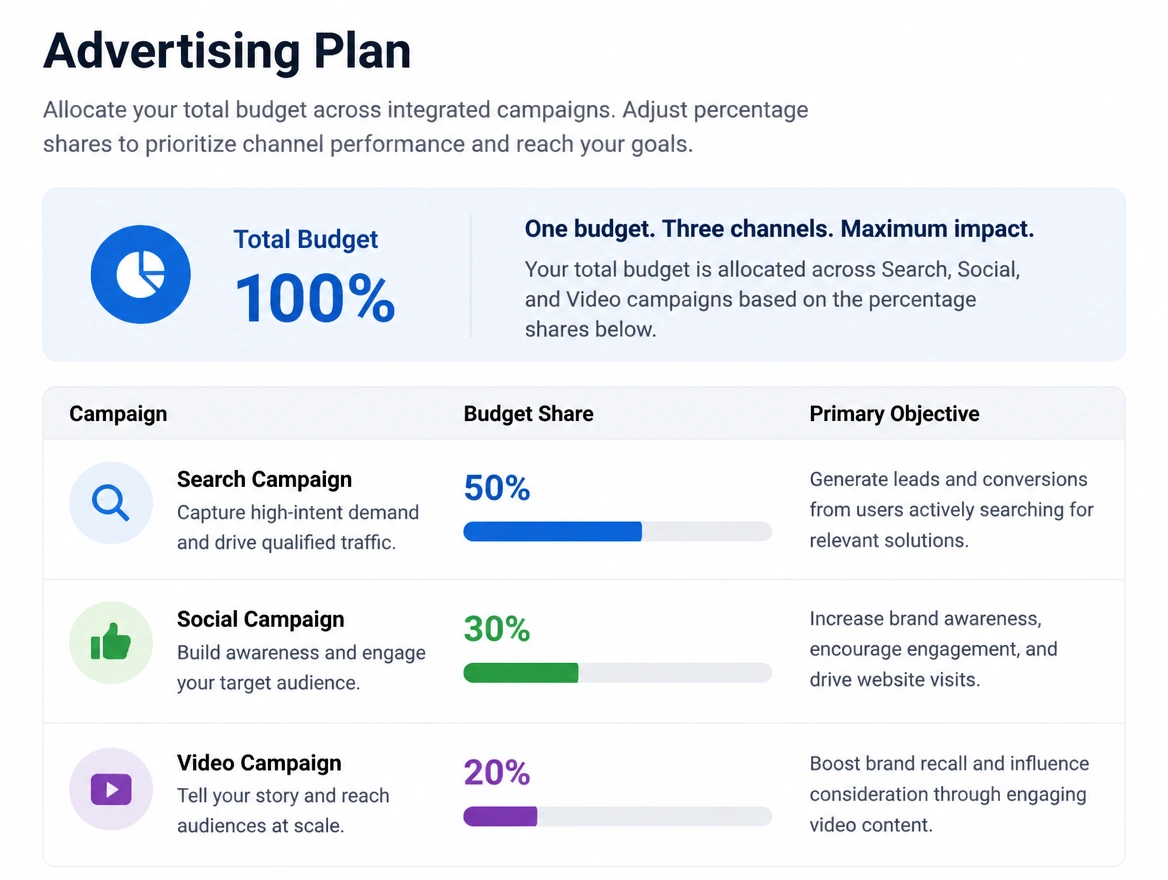 An advertising plan listing search, social and video sharing one budget