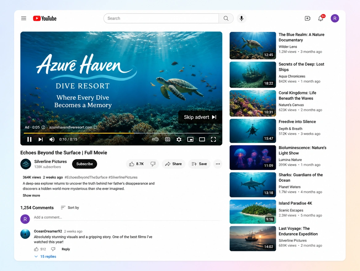 Website mockup showing video adverts