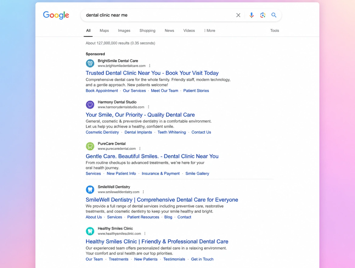 Website mockup showing search adverts