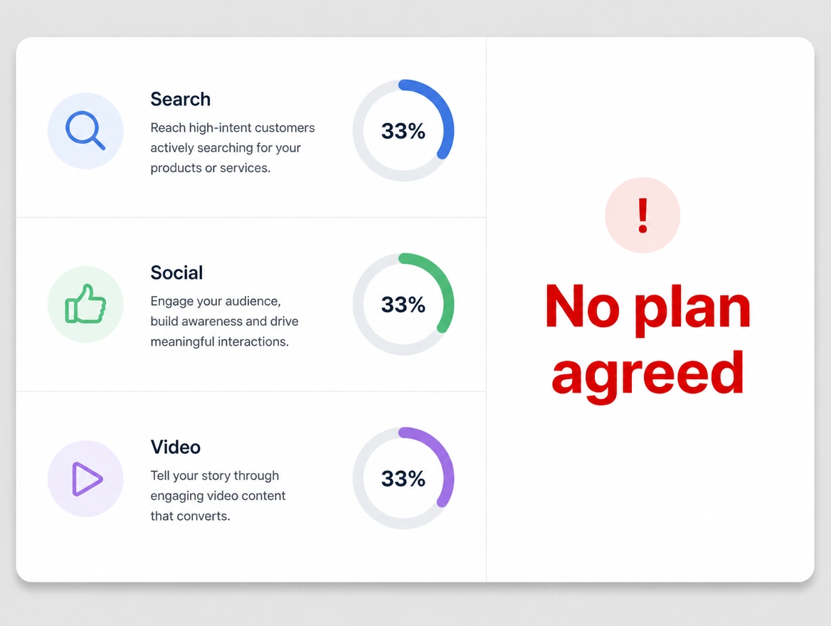 A budget screen splitting spend equally across search, social and video with no plan