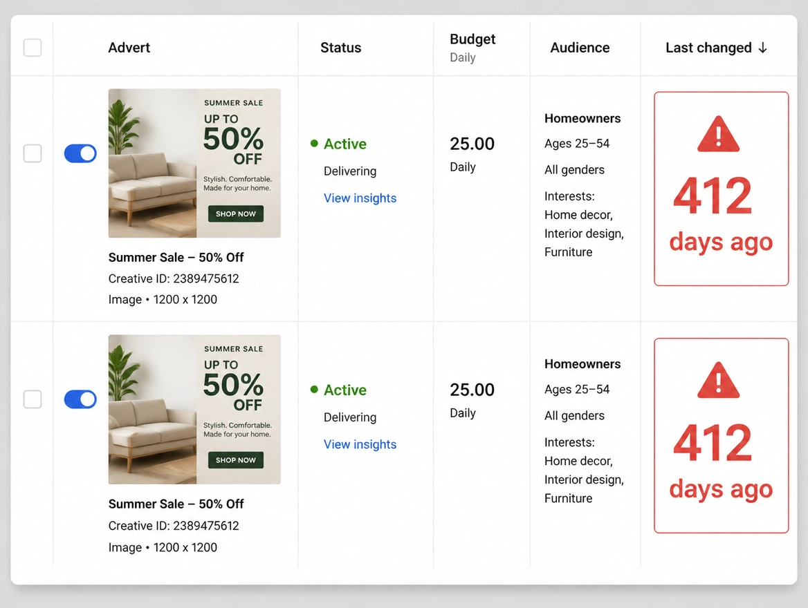 An advert list where the same creative has been unchanged for over a year