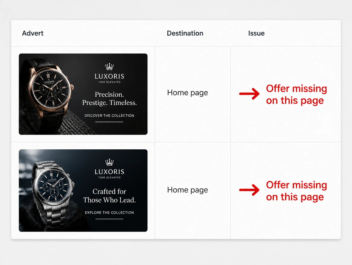 An advert destination list where every advert points at the home page