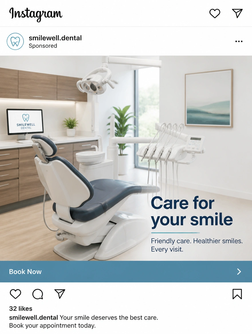 An Instagram feed advertisement for a dental clinic with a book now button