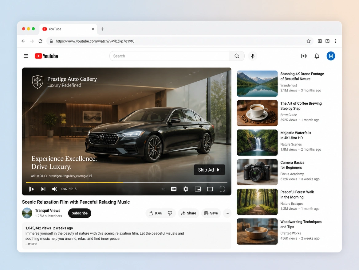 Website mockup showing video adverts