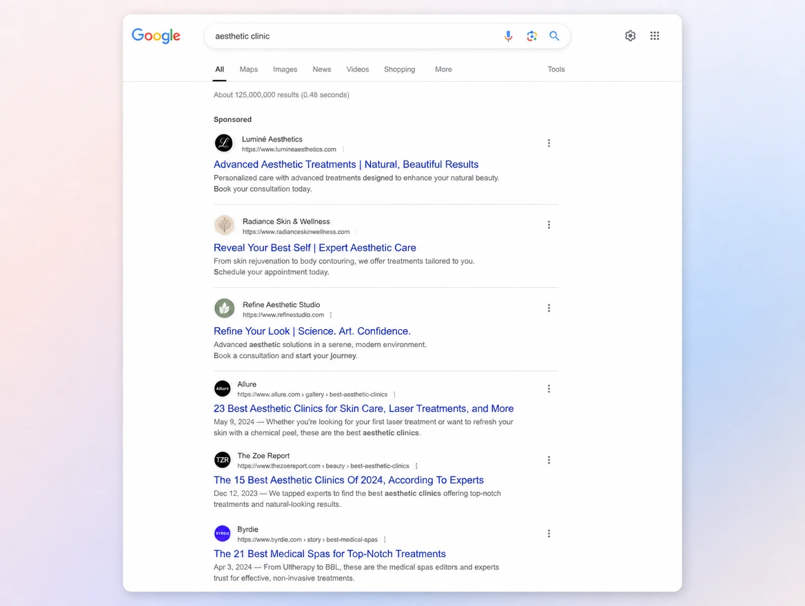 Website mockup showing search adverts