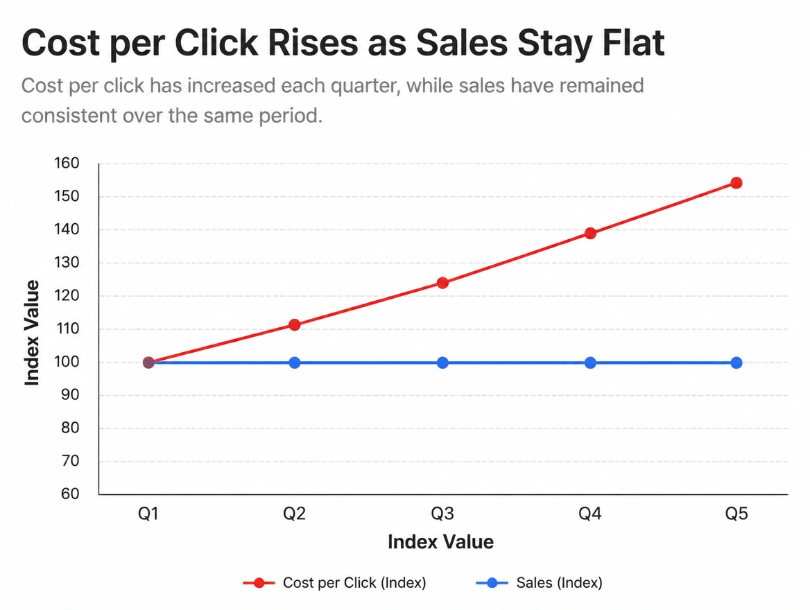 A chart where the cost of a click rises and sales stay level