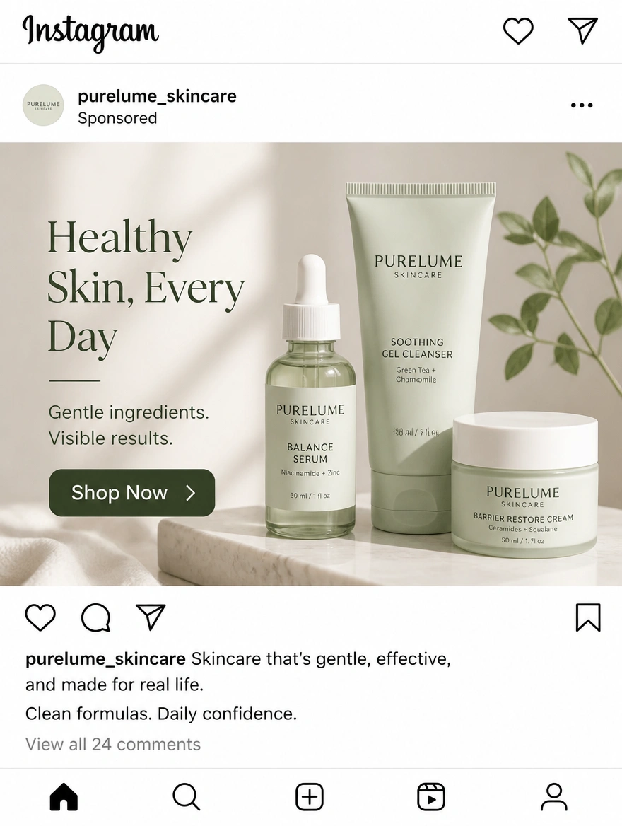 An Instagram feed advertisement for a skincare brand with a shop now button