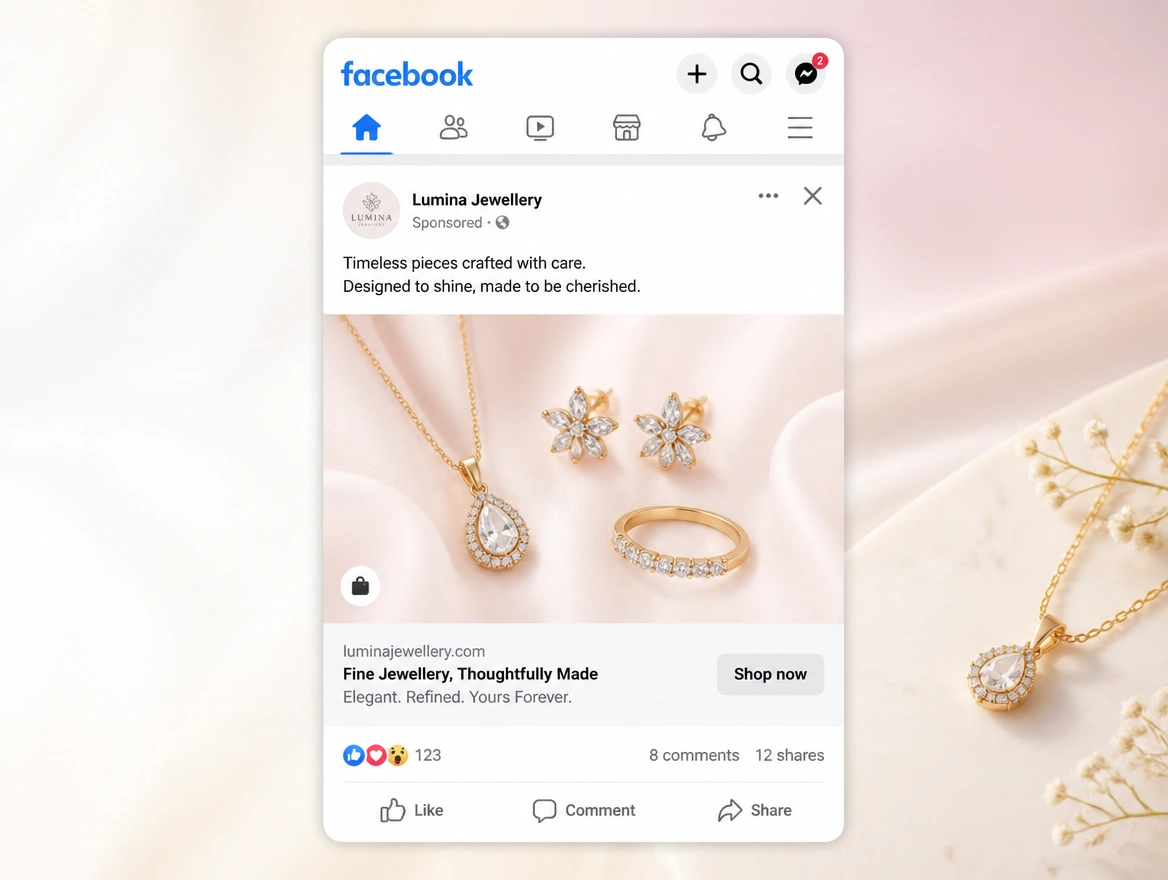 Website mockup showing social adverts