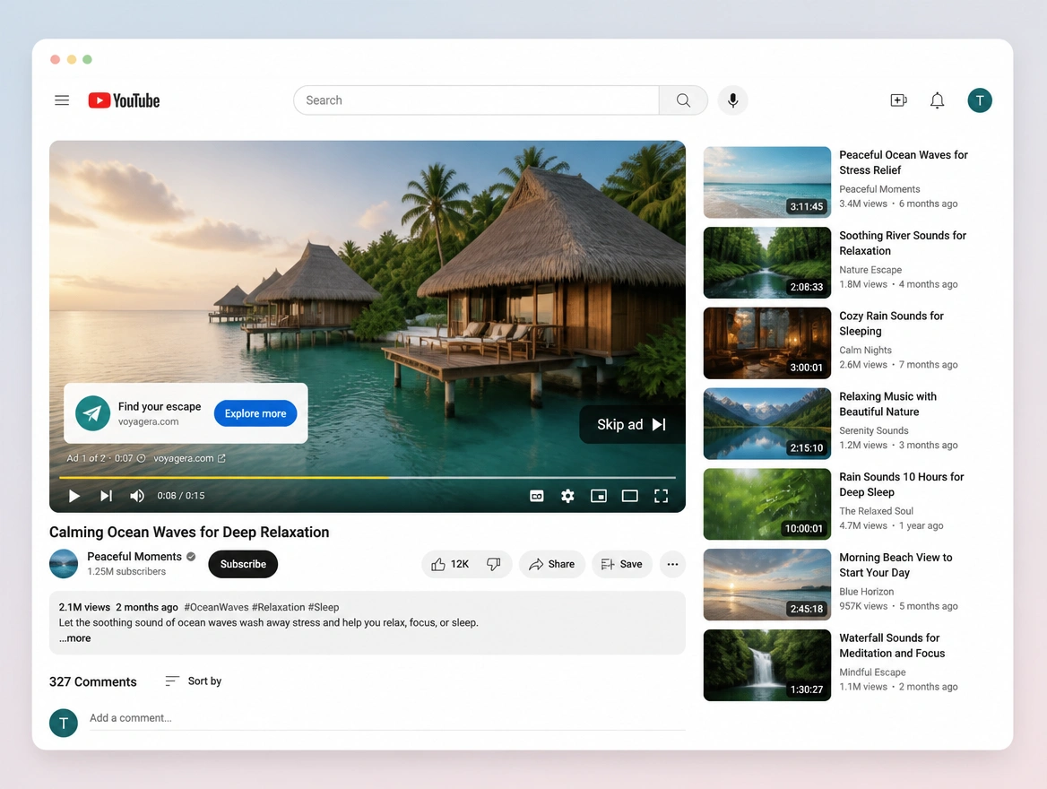 Website mockup showing video adverts